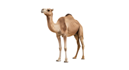 Isolated dromedary camel standing tall, portrait of one-humped desert animal, sand tones fur