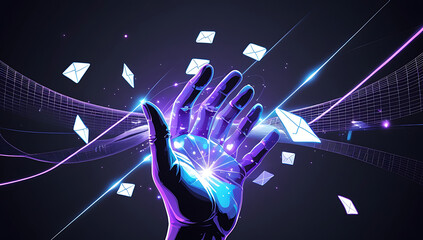 Obraz premium Futuristic Communication and Digital Transformation A Hand Reaching Out Amidst Envelopes Representing Emails and Modern Grid Technology