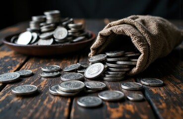 Coins spilling from a burlap sack onto a wooden surface with a bowl of coins in the background