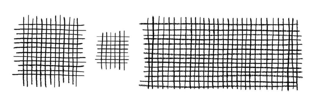 Set of crayon grids. Abstract vector chequered backdrops with black linear design. Freehand scribble strokes in wax and charcoal create a chalkboard texture for children, kids art, school graphics.