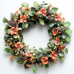 Bright orange flowers wreath crafted from flowers, surrounded by delicate greenery, perfect for home decor, seasonal celebrations, or festive occasions, enhancing any interior space with vibrant charm