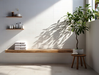 Sophisticated Bathroom Design with Leaf Shadow and White Tile Shower Features