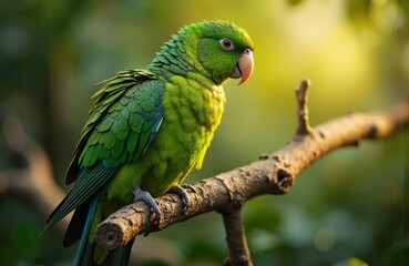 Colorful green parrot perched on a tree branch in natural outdoor setting