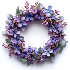 Bright purple flowers wreath crafted from flowers, surrounded by delicate greenery, perfect for home decor, seasonal celebrations, or festive occasions, enhancing any interior space with vibrant charm