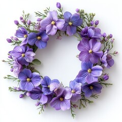 Bright purple flowers wreath crafted from flowers, surrounded by delicate greenery, perfect for home decor, seasonal celebrations, or festive occasions, enhancing any interior space with vibrant charm