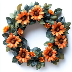 Bright orange flowers wreath crafted from flowers, surrounded by delicate greenery, perfect for home decor, seasonal celebrations, or festive occasions, enhancing any interior space with vibrant charm
