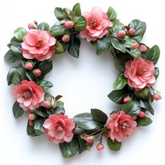 Bright pink flowers wreath crafted from flowers, surrounded by delicate greenery, perfect for home decor, seasonal celebrations, or festive occasions, enhancing any interior space with vibrant charm