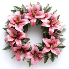 Bright pink flowers wreath crafted from flowers, surrounded by delicate greenery, perfect for home decor, seasonal celebrations, or festive occasions, enhancing any interior space with vibrant charm