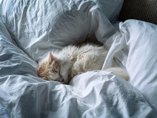 Sleepy Cat Curled in White Sheets on a Bed