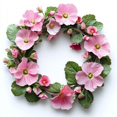Bright pink flowers wreath crafted from flowers, surrounded by delicate greenery, perfect for home decor, seasonal celebrations, or festive occasions, enhancing any interior space with vibrant charm