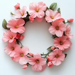 Bright pink flowers wreath crafted from flowers, surrounded by delicate greenery, perfect for home decor, seasonal celebrations, or festive occasions, enhancing any interior space with vibrant charm