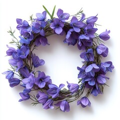Bright purple flowers wreath crafted from flowers, surrounded by delicate greenery, perfect for home decor, seasonal celebrations, or festive occasions, enhancing any interior space with vibrant charm