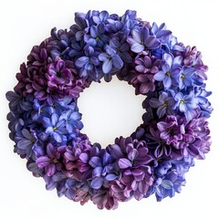 Bright purple flowers wreath crafted from flowers, surrounded by delicate greenery, perfect for home decor, seasonal celebrations, or festive occasions, enhancing any interior space with vibrant charm