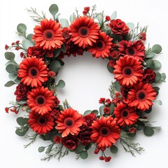 Bright red flowers wreath crafted from flowers, surrounded by delicate greenery, perfect for home decor, seasonal celebrations, or festive occasions, enhancing any interior space with vibrant charm