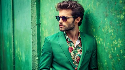 Stylish man in green suit and sunglasses leaning against a green wall