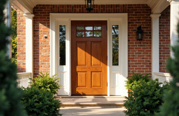 Fototapeta premium Front door of a brick house with white trim and greenery in the foreground