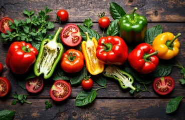 Colorful bell peppers and cherry tomatoes arranged on a rustic wooden surface