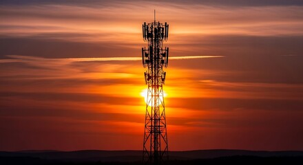 Telecommunication Tower Silhouette at Sunset.