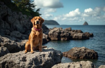 Dog sitting on rocks by the sea with a scenic coastal background and cloudy sky