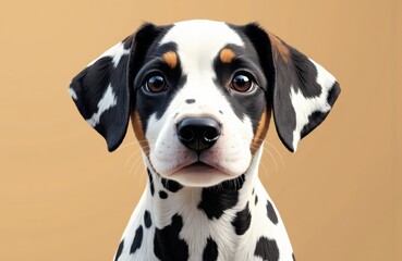 A Dalmatian puppy with black spots on white fur looking directly at the camera