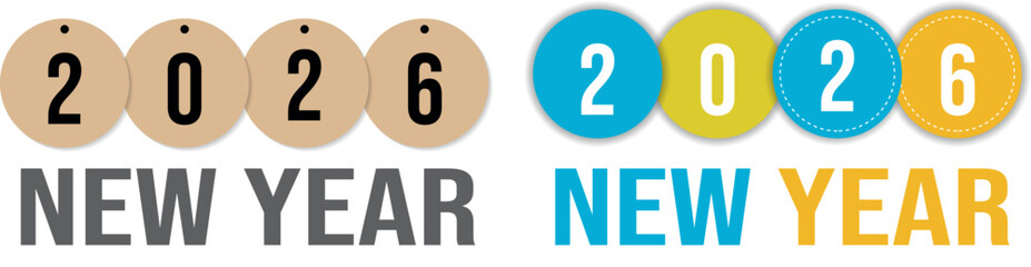 Two logo designs showcasing the year 2026 with 'New Year' text below. The first design uses a brown, circular motif with black numbers, while the second features a colorful palette