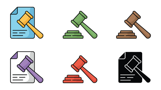Vector art of collection of colorful gavel and document icons representing law, justice, and legal processes
