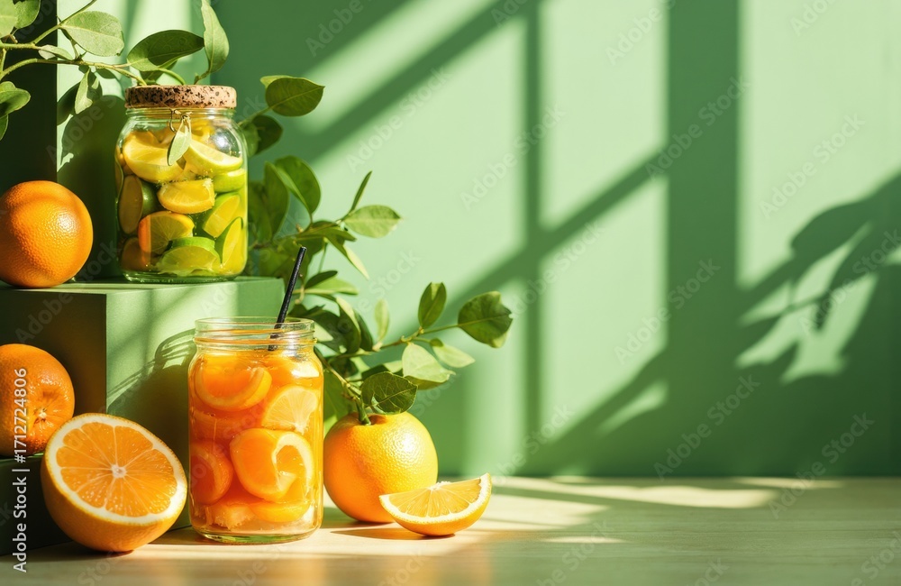 Poster fresh citrus fruits and jars of infused fruit water on a bright green background with shadows creati