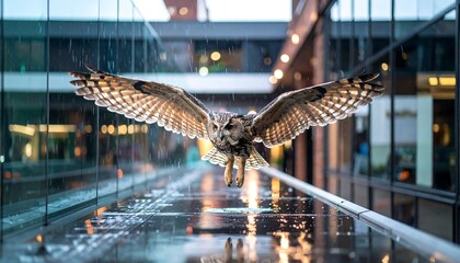 Owl Flying Through Rainy Urban Environment at Night