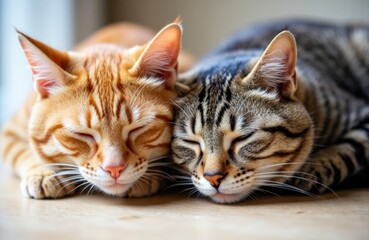Two cats, one orange and one gray striped, resting peacefully together on a wooden surface