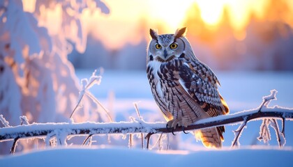 Owl Perched on Snowy Branch in Winter Sunset Landscape