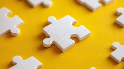 Fototapeta premium White Jigsaw Puzzle Pieces on Yellow