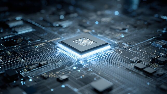 Illuminated Central Processing Unit CPU on Circuit Board Futuristic Technology Concept.