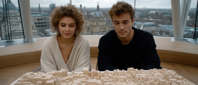 Two professionals examine an architectural model in a contemporary office, focusing on project details and design elements together - Powered by Adobe