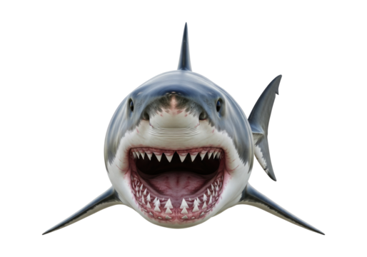 Great White Shark with Open Mouth Isolated on Transparent PNG Background.