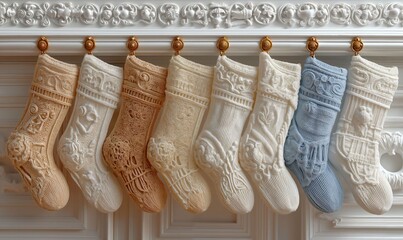 Elegant Collection of Intricately Designed Christmas Stockings Hanging on a Classic White Mantel