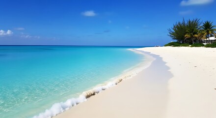 Stunning turquoise water beach scene with palm trees.