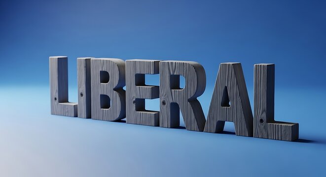 Three dimensional text liberal on blue background.