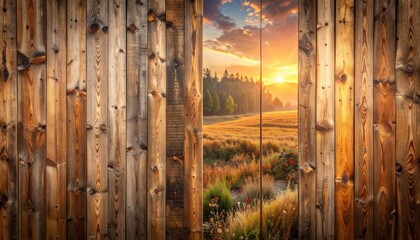 Rustic Wooden Wall with a View of Forest Meadow at Sunset with Golden Light and Colorful Sky Open Window Scenery