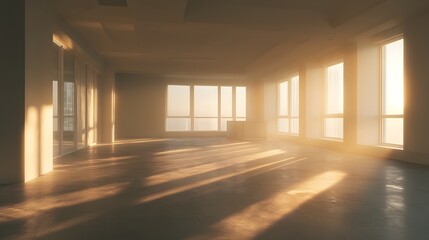 Sun-Kissed Potential: Golden Light Floods an Empty Room with Long Dramatic Shadows.