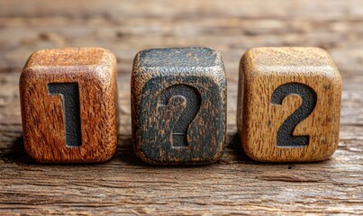 Wooden blocks with numbers and a question mark, arranged on a rustic wooden surface