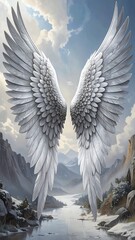 Majestic white angel wings against a winter landscape