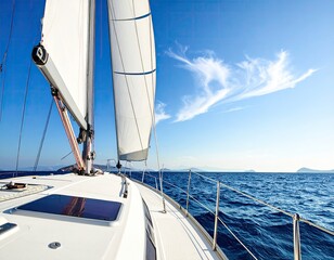Obraz premium Sailing Boat on Deep Blue Ocean Water Under a Clear Blue Sky with Wispy White Clouds on Sunny Day Bright Sunlight