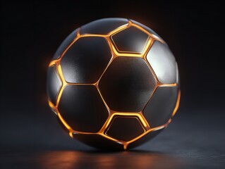 Fototapeta premium 3D render of black and orange soccer ball with hexagonal pattern, glowing edges, and metallic details