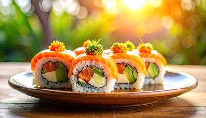 Salmon Sushi Rolls with Avocado and Cream Cheese Topped with Roe on a Brown Plate with Bright Bokeh Background