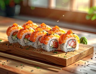 Salmon Sushi Rolls Topped with Fish Eggs on Wooden Board with Window Light