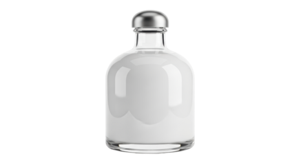 Isolated bottle filled with white liquid stands tall against neutral backdrop, studio shot