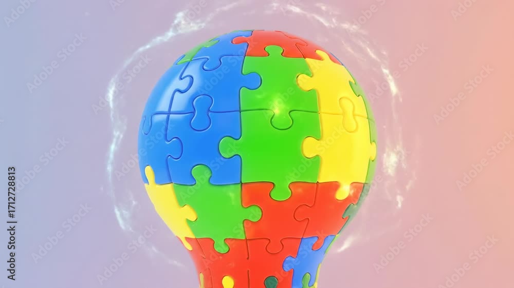 Poster multicolored jigsaw puzzle lightbulb - a 3d video of a lightbulb formed from colorful jigsaw puzzle 