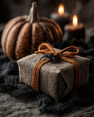Halloween Gift Box with Orange Ribbon, Spider Decoration, Pumpkin, and Candle – Spooky Holiday Packaging
