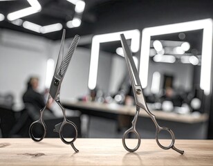Salon Scissors on Wooden Countertop with Blurred Background in Monochrome Interior