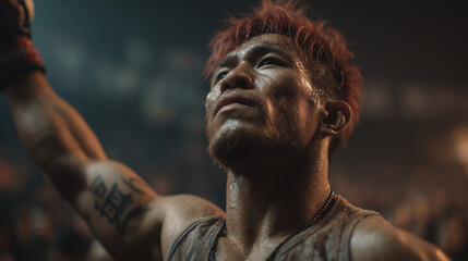 Close up an asian boxing man red hair raise hand up on the boxing stage.